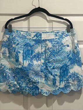 Lilly Pulitzer Toile Me About It COLETTE SKORT Blue Scallop Hem Size 12
